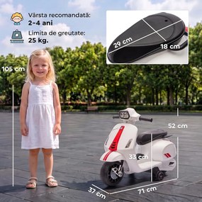 AIYAPLAY Motocicletă Electrică pentru Copii cu Licență Vespa, Baterie Reîncărcabilă 6V, Roți Ajutătoare și Lumini, 2-4 Ani, Albă | Aosom Romania