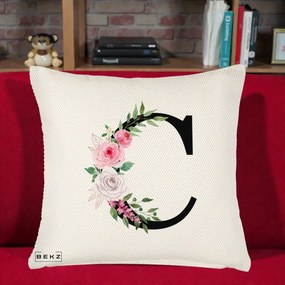 Cadou Personalizat - Perna Personalizata Monograma Florala Litera C, 40x40 cm, Crem Reliefat, Husa Detasabila, Perna Inclusa, BEKZ®