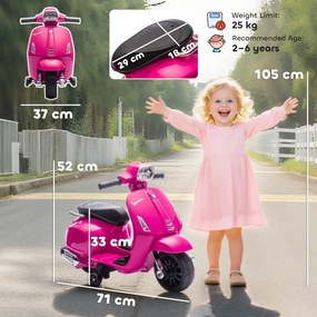 AIYAPLAY Motocicletă electrică copii Vespa 6V cu roți de sprijin, far, claxon pentru 2-6 ani 71 x 37 x 52 cm Roz | Aosom Romania