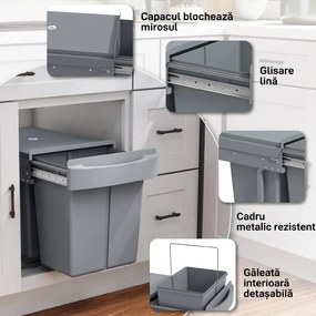 HOMCOM Coș de gunoi retractabil sub chiuvetă, 2 găleți de 20L, Gri | Aosom Romania