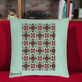 Perna Personalizata Motiv Traditional Ie Romaneasca Rosu, 40x40 cm, Verde Menta, Husa Detasabila, Perna Inclusa, BEKZ®
