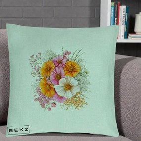 Perna Decorativa Buchet Cosmos Portocaliu Roz si Alb, 40x40 cm, Verde Menta, Husa Detasabila, Perna Inclusa, BEKZ®
