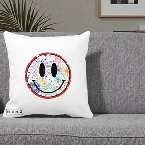 Perna Decorativa Smiley Face cu Artificii Multicolore, 40x40 cm, Alba Mata, Husa Detasabila, Perna Inclusa, BEKZ®