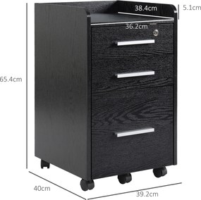HOMCOM Dulap Portadocumente din Lemn cu 3 Sertare cu Chei de Securitate și 5 Roți, 39.2x40x65.4 cm, Negru | Aosom Romania