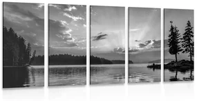 Tablou 5-piese reflexie lacului de munte în design alb-negru
