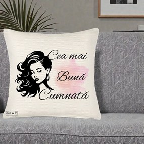 Cadou pentru Cumnata - Perna Personalizata Cea mai Buna Cumnata cu Silueta Dama si Pete Roz, 40x40 cm, Crem Reliefat, Husa Detasabila, Perna Inclusa, BEKZ®