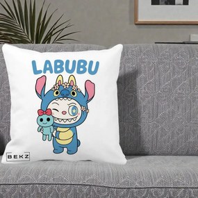 Perna Personalizata Labubu x Stitch cu Flori, 40x40 cm, Alba Mata, Husa Detasabila, Perna Inclusa, BEKZ®