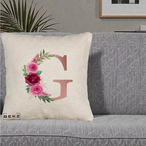 Cadou Personalizat - Perna Personalizata Monograma Rose Gold Litera G, 40x40 cm, Bej Canapea, Husa Detasabila, Perna Inclusa, BEKZ®