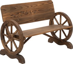 Outsunny Banca de Gradina 2 Locuri cu Spatar Inalt, Banca din Lemn de Brad cu Roti de Caruta Laterale, 114x58x80 cm, Maro Carbonizat