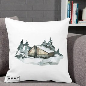 Perna Decorativa Cabana de Iarna in Padure, 40x40 cm, Alba Mata, Husa Detasabila, Perna Inclusa, BEKZ®