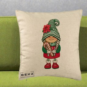 Perna Decorativa Gnom Craciun Verde cu Bomboane si Floare, 40x40 cm, Bej, Husa Detasabila, Perna Inclusa, BEKZ®