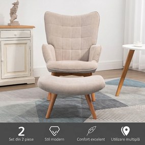 HOMCOM Fotoliu cu Taburet pentru Cameră sau Living din Catifea cu Model Crestat , Spătar Înalt și Brațe, 72x80x101 cm, Bej | Aosom Romania