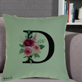 Cadou Personalizat - Perna Personalizata Monograma Florala Litera D, 40x40 cm, Verde, Husa Detasabila, Perna Inclusa, BEKZ®