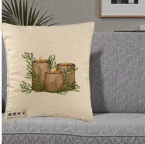 Perna Decorativa Lumanari Rustice cu Crengute Brad, 40x40 cm, Bej, Husa Detasabila, Perna Inclusa, BEKZ®