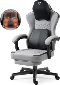 ErgoRelax Pro JD– Scaun Gaming Ergonomic, Masaj Lombar si Incalzire, Spătar Rabatabil 155°, Suport picioare, PU, Gri