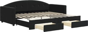 vidaXL Pat de zi cu extensie și sertare, negru, 90x200 cm, catifea