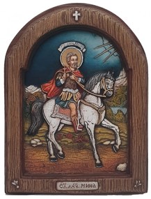 Icoana lemn pictat in relief Sfantul Mina