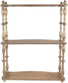 Etajeră de perete vintage din metal, auriu, cu 3 rafturi și coloane în formă de balustru, 76 x 60 x 22 cm, „Celestine”