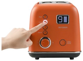 Prajitor de paine BUYDEEM DT730E, 900W, 2 felii, 9 programe automate, 9 treptede prajire, Carcasa din otel inoxidabil, Afisaj LCD, Indicatori LED, Auto-centrare, Timer, Portocaliu
