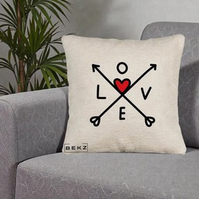 Perna Decorativa Love cu Sageti Incrucisate si Inima Rosie, 40x40 cm, Bej Canapea, Husa Detasabila, Perna Inclusa, BEKZ®
