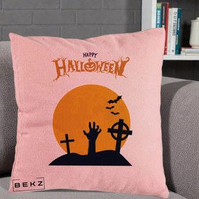 Perna Decorativa Happy Halloween Cimitir cu Luna, 40x40 cm, Roz, Husa Detasabila, Perna Inclusa, BEKZ®