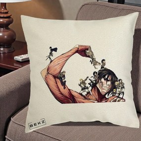 Perna Personalizata Attack on Titan Eren Titan Grup, 40x40 cm, Ecru, Husa Detasabila, Perna Inclusa, BEKZ®