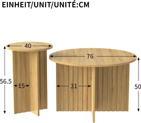 Set modern de 2 măsuțe tip cuib, cu blaturi rotunde și structură verticală pe lateral, 76x76x50 cm/40x40x56,5 cm, Culoare naturală