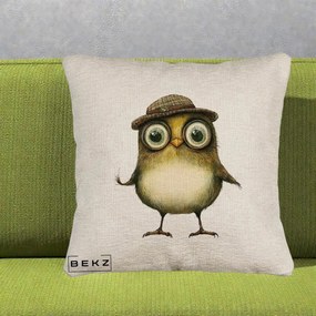Perna Decorativa Pui Intelectual cu Palarie Tweed, 40x40 cm, Bej Canapea, Husa Detasabila, Perna Inclusa, BEKZ®