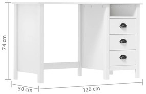 Birou Hill Range cu 3 sertare, 120x50x74 cm, lemn masiv de pin Alb, 120x50x74 cm