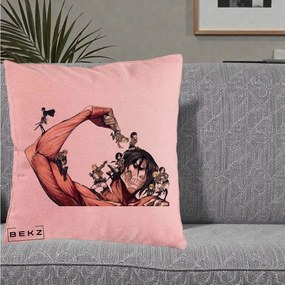 Perna Personalizata Attack on Titan Eren Titan Grup, 40x40 cm, Roz, Husa Detasabila, Perna Inclusa, BEKZ®