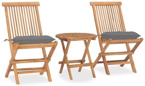 vidaXL Set mobilier pliabil exterior cu perne 3 piese, lemn masiv tec