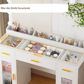 Masuta machiaj cu Oglinda LED si 3 Sertare pentru Cosmetice, Set Masa toaleta 110 cm, Alb, masuta cosmetica, vanity - SEA2