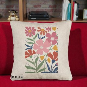 Perna Decorativa Flori Grafice Roz si Terracotta, 40x40 cm, Bej Canapea, Husa Detasabila, Perna Inclusa, BEKZ®