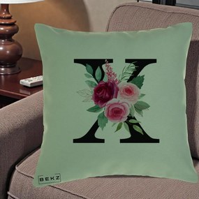 Cadou Personalizat - Perna Personalizata Monograma Florala Litera X cu Buchet, 40x40 cm, Verde, Husa Detasabila, Perna Inclusa, BEKZ®