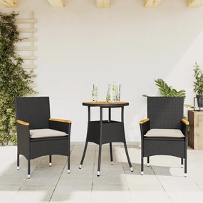vidaXL Set mobilier grădină perne 3 piese negru poliratan/lemn acacia