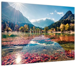 Tablou pe sticlă - Lacul Jasna, Gozd Martuljek, Alpii Iulieni, Slovenia (70x50 cm)