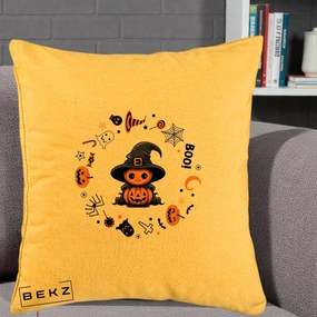 Perna Decorativa Halloween Dovleac Vrajitor Boo cu Simboluri, 40x40 cm, Galben, Husa Detasabila, Perna Inclusa, BEKZ®