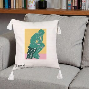 Perna Decorativa Ganditorul Sculptura Pop Art, 40x40 cm, Bej cu Franjuri, Husa Detasabila, Perna Inclusa, BEKZ®