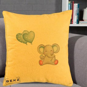 Perna Decorativa, Model Elefant si baloane in forma de inimioare, 40x40 cm, Galben, Husa Detasabila, Perna Inclusa, BEKZ®
