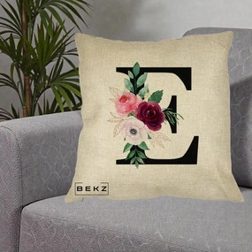 Cadou Personalizat - Perna Personalizata Monograma Florala Litera E, 40x40 cm, Crem, Husa Detasabila, Perna Inclusa, BEKZ®