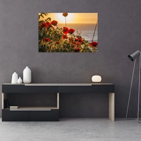 Tablou cu apus de soare cu flori de maci (90x60 cm)