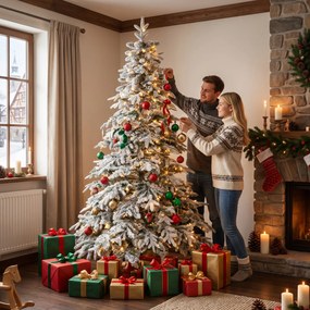 HOMCOM Brad de Crăciun Înzăpezit 210 cm cu 450 de Lumini LED Alb Cald, Timer, Telecomandă, 8 Modalități, 1080 de Ramuri Ignifuge | Aosom Romania
