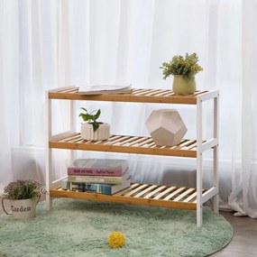 Pantofar Cu 3 Rafturi Bamboo, Alb si Natur 70 x 55 x 26 cm