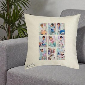 Perna Personalizata K-pop BTS Colaj 9 Fotografii Autografe Individual, 40x40 cm, Ecru, Husa Detasabila, Perna Inclusa, BEKZ®