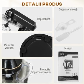 HOMCOM Mixer Planetar cu Bol Inox de 7L, 1400W, 6 Viteze Pulse, Cap Înclinat, Mixer Profesional Antiderapant cu Cârlig Frământare, Tel, Batător, Capac Anti-Stropire și Accesorii | Aosom Romania