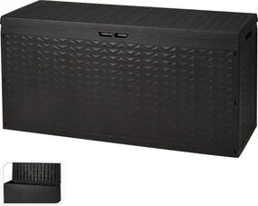 Cutie de depozitare exterior aspect ratan, capac cu inchidere, 320L, negru
