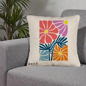 Perna Decorativa Flori Grafice Roz-Orange-Albastru, 40x40 cm, Bej Canapea, Husa Detasabila, Perna Inclusa, BEKZ®