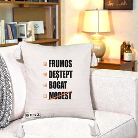 Perna Decorativa Frumos Destept Bogat, 40x40 cm, Bej cu Franjuri, Husa Detasabila, Perna Inclusa, BEKZ®
