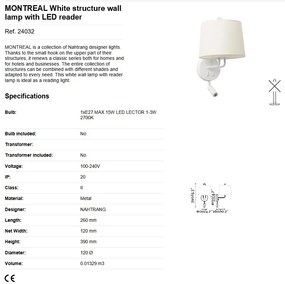 Aplica perete cu reader LED moderna design elegant MONTREAL alba