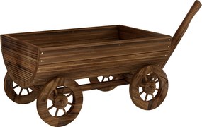 Outsunny Cărucior din lemn cu 4 roți și mâner Jardinieră exterioară cu orificiu de drenaj 115x40x54,5 cm Carbonizat | Aosom Romania